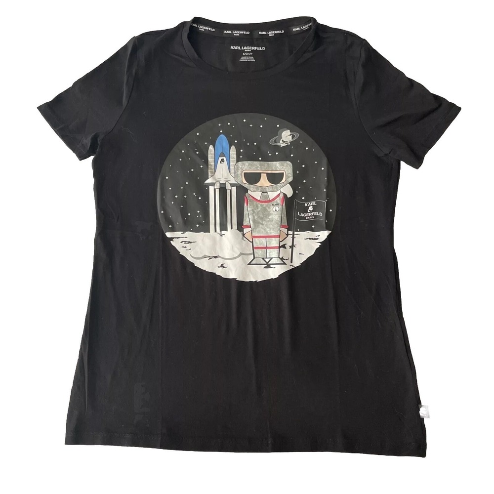 KARL LAGERFELD Paris Women's Black Tee w/ Rhinestone Stars Space Small Fashion